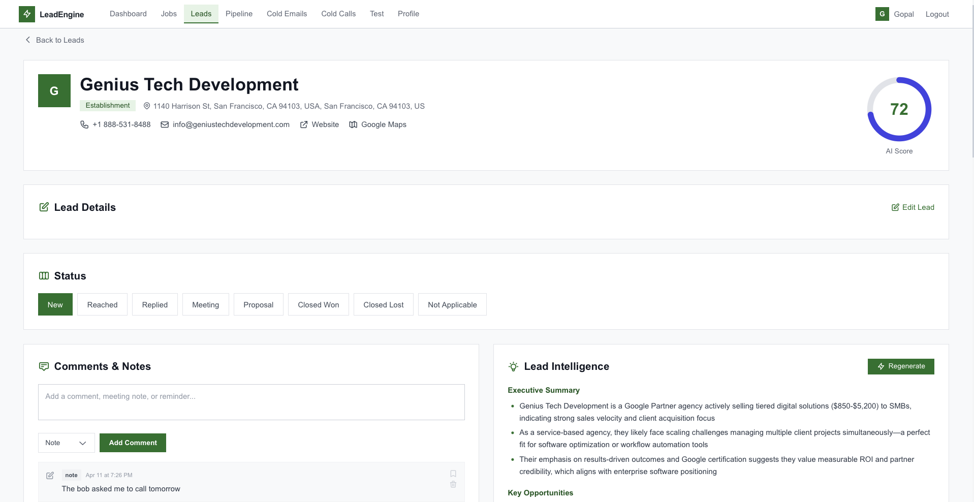Lead detail screenshot
