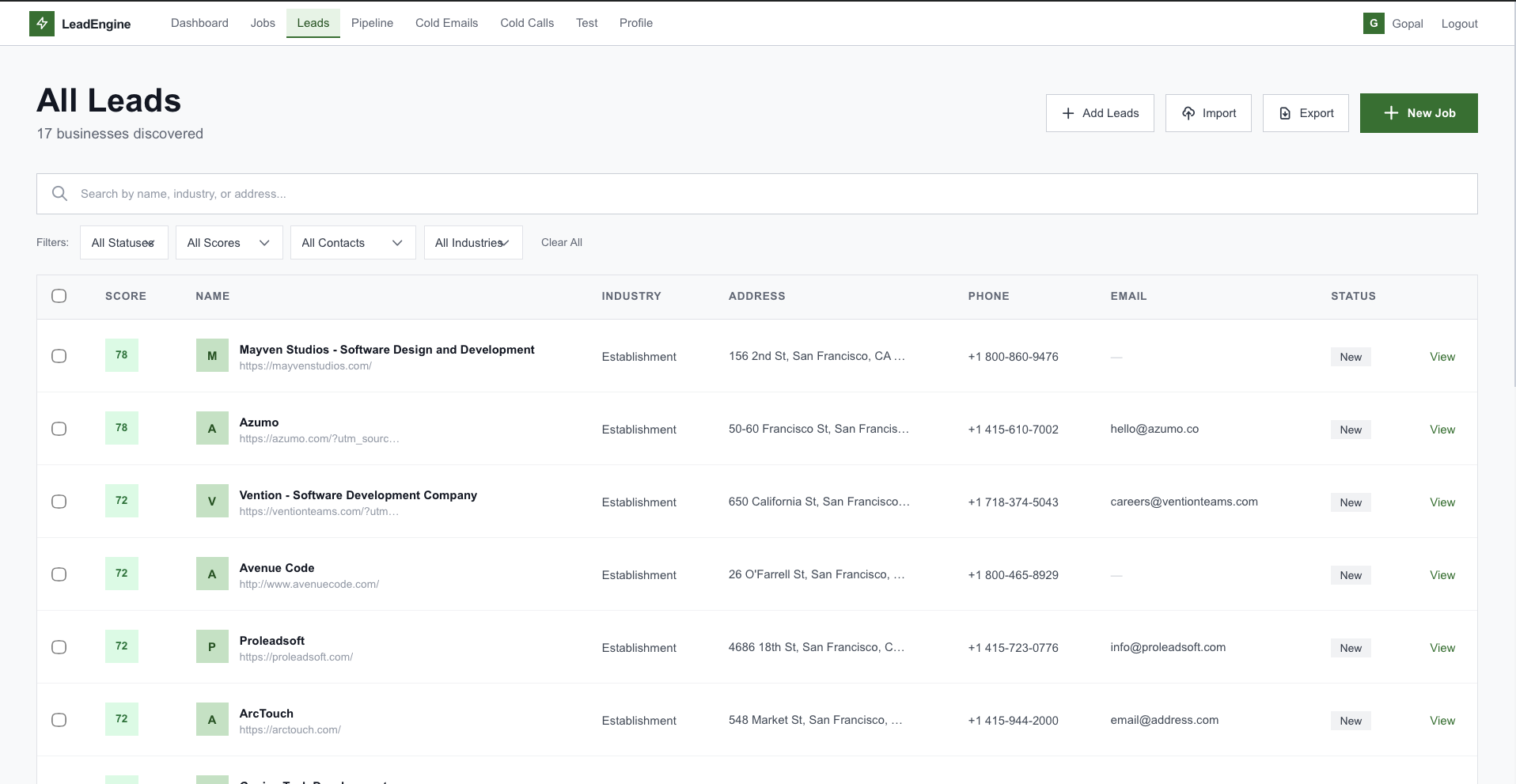Leads list screenshot